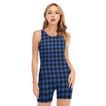 Blue And Black Houndstooth Print Sleeveless One Piece Swimsuit