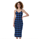 Blue And Black Houndstooth Print Slim Fit Midi Cami Dress