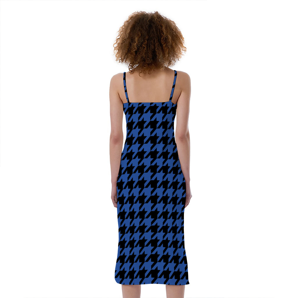 Blue And Black Houndstooth Print Slim Fit Midi Cami Dress