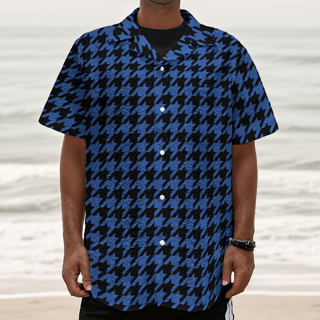 Blue And Black Houndstooth Print Textured Short Sleeve Shirt