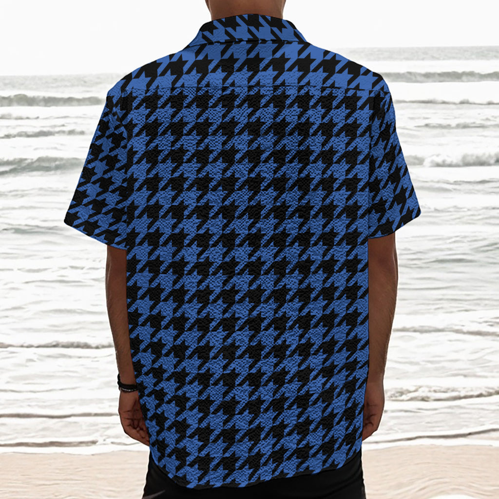 Blue And Black Houndstooth Print Textured Short Sleeve Shirt