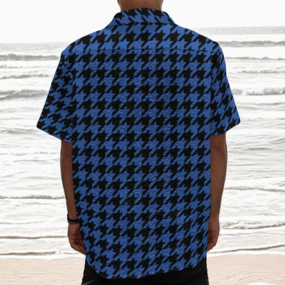 Blue And Black Houndstooth Print Textured Short Sleeve Shirt
