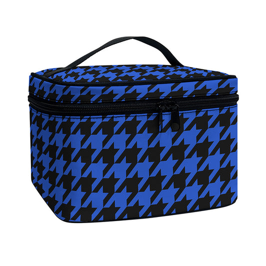 Blue And Black Houndstooth Print Travel Makeup Bag