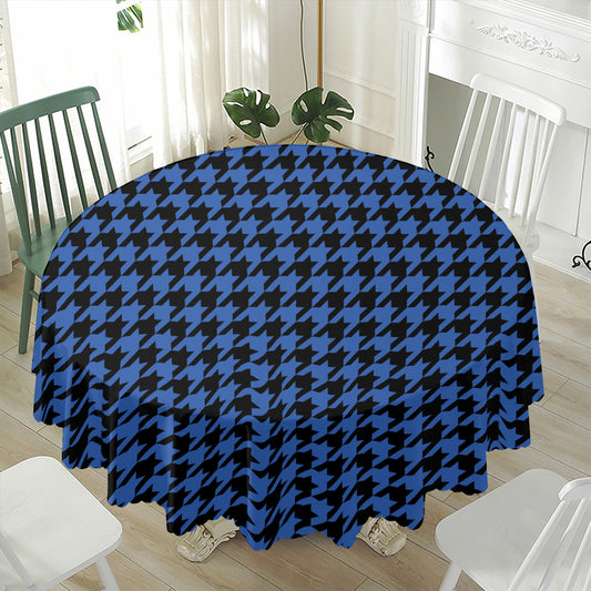 Blue And Black Houndstooth Print Waterproof Round Tablecloth