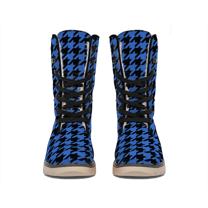 Blue And Black Houndstooth Print Winter Boots