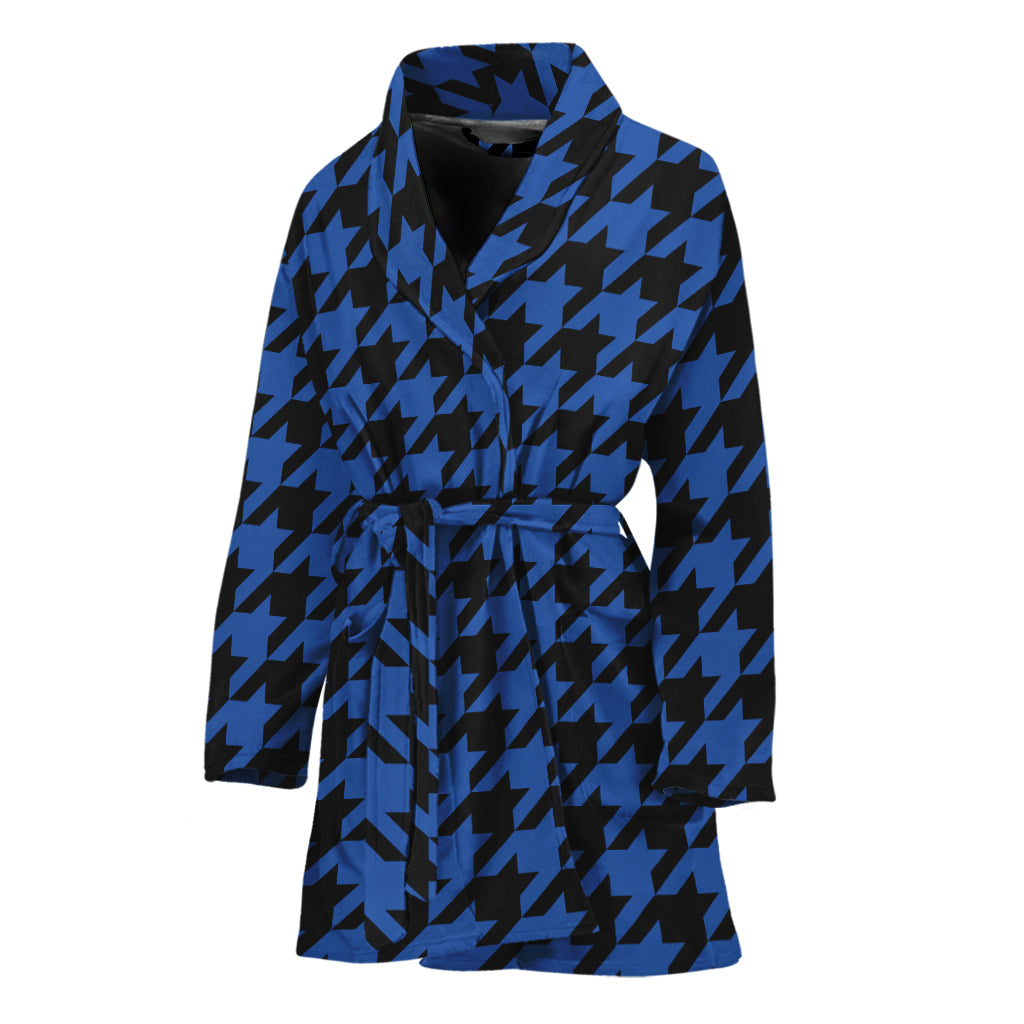 Blue And Black Houndstooth Print Women's Bathrobe