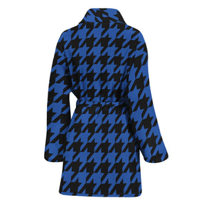 Blue And Black Houndstooth Print Women's Bathrobe