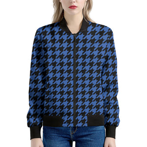 Blue And Black Houndstooth Print Women's Bomber Jacket