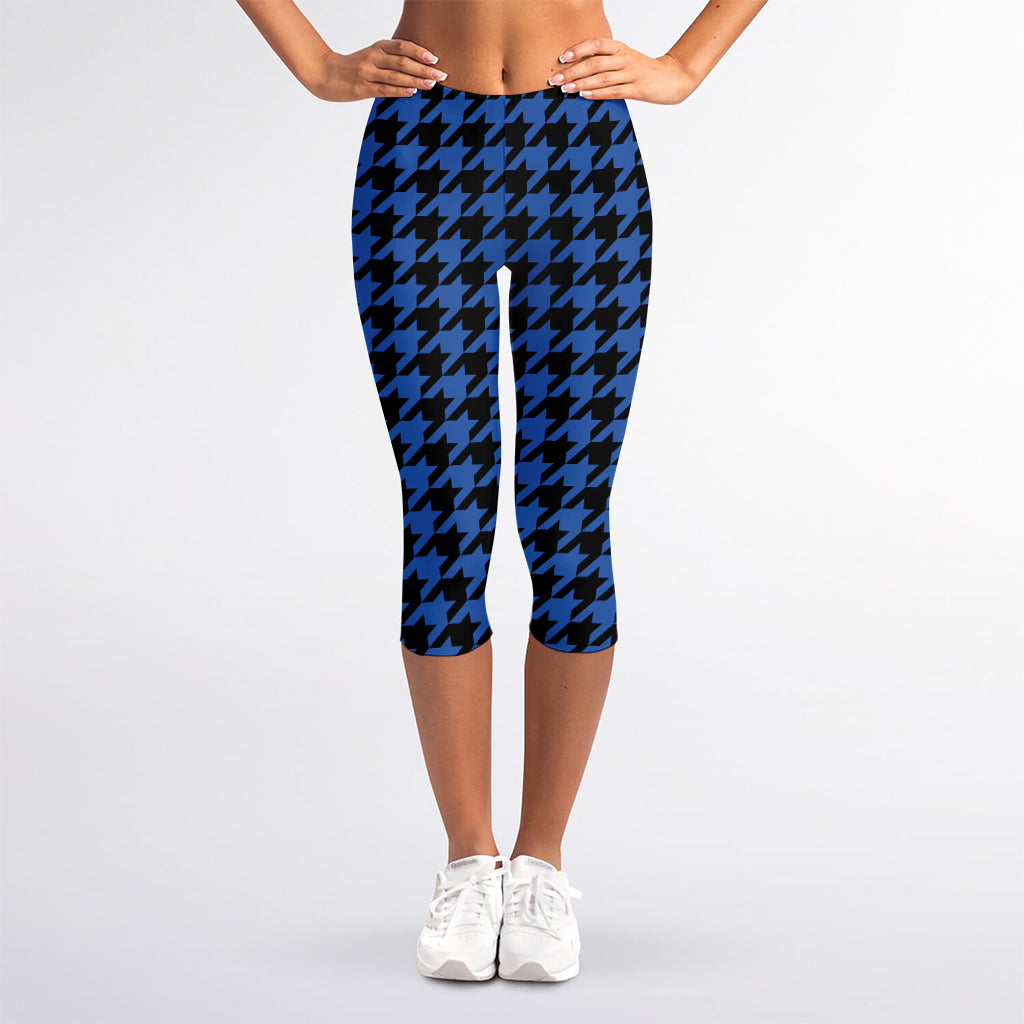 Blue And Black Houndstooth Print Women's Capri Leggings