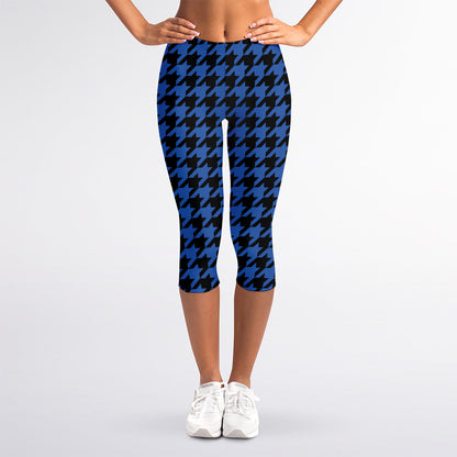 Blue And Black Houndstooth Print Women's Capri Leggings