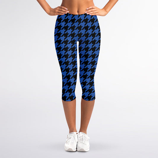 Blue And Black Houndstooth Print Women's Capri Leggings