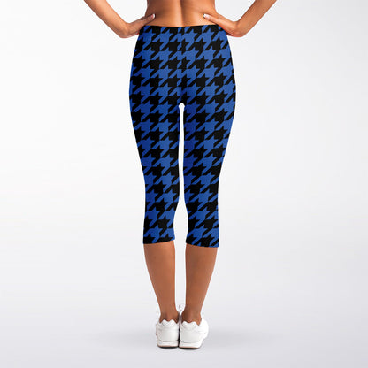 Blue And Black Houndstooth Print Women's Capri Leggings