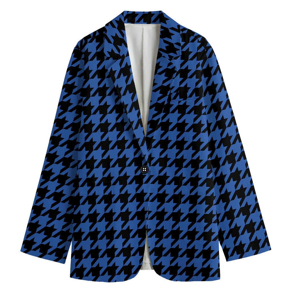 Blue And Black Houndstooth Print Women's Cotton Blazer