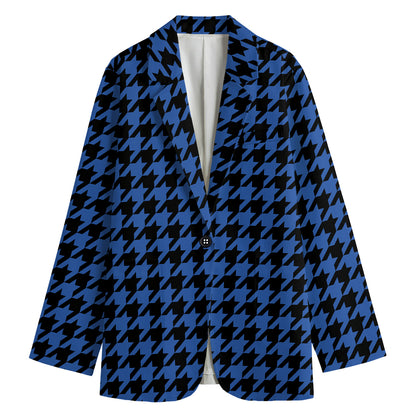 Blue And Black Houndstooth Print Women's Cotton Blazer
