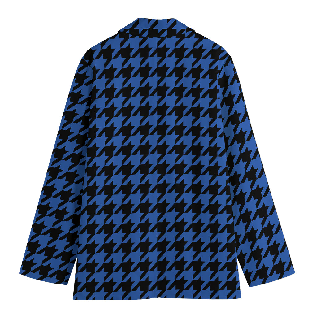 Blue And Black Houndstooth Print Women's Cotton Blazer