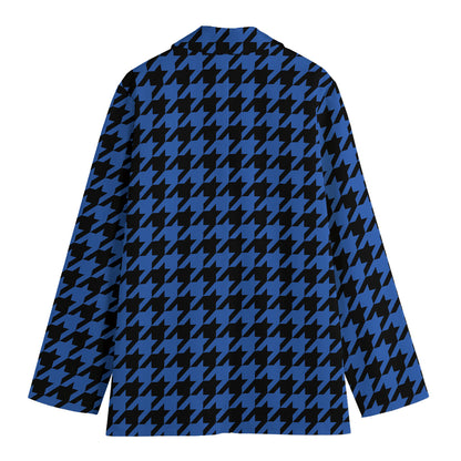 Blue And Black Houndstooth Print Women's Cotton Blazer