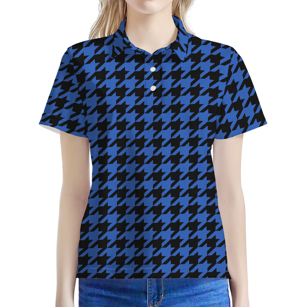 Blue And Black Houndstooth Print Women's Polo Shirt