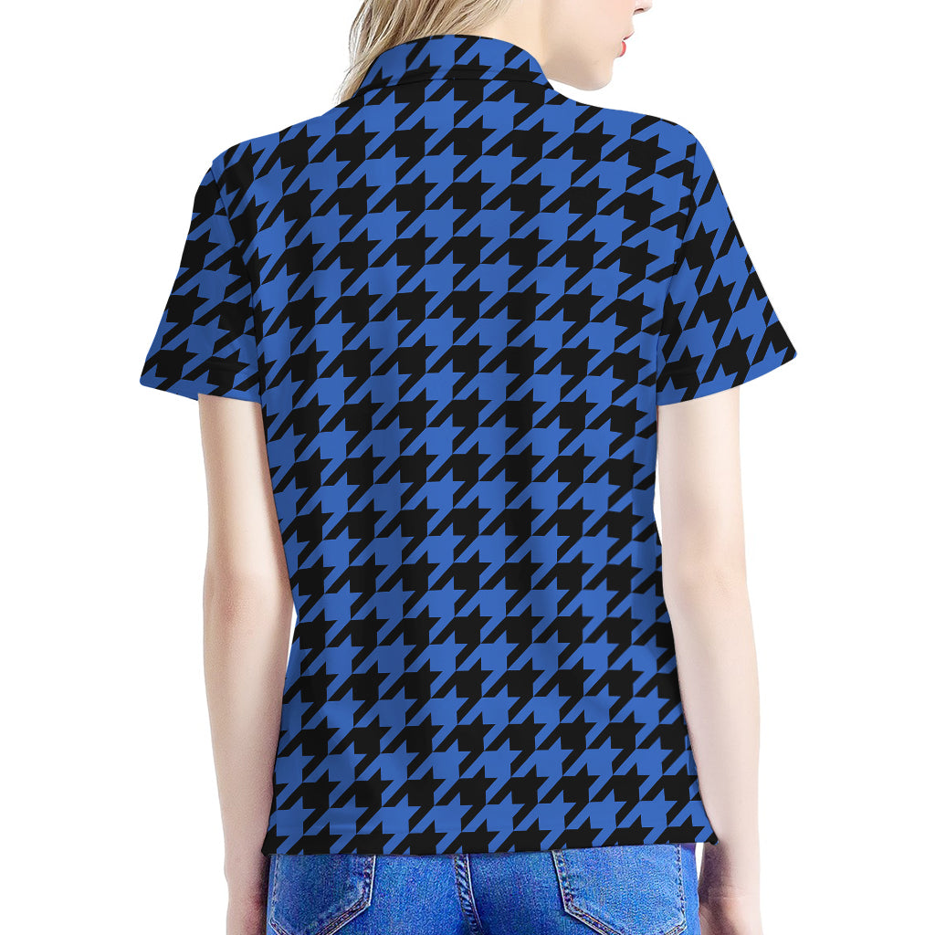 Blue And Black Houndstooth Print Women's Polo Shirt