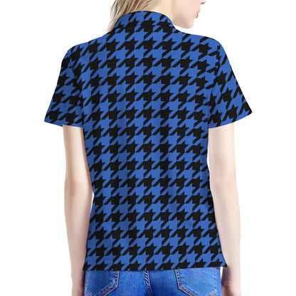 Blue And Black Houndstooth Print Women's Polo Shirt