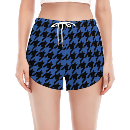 Blue And Black Houndstooth Print Women's Split Running Shorts