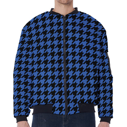 Blue And Black Houndstooth Print Zip Sleeve Bomber Jacket