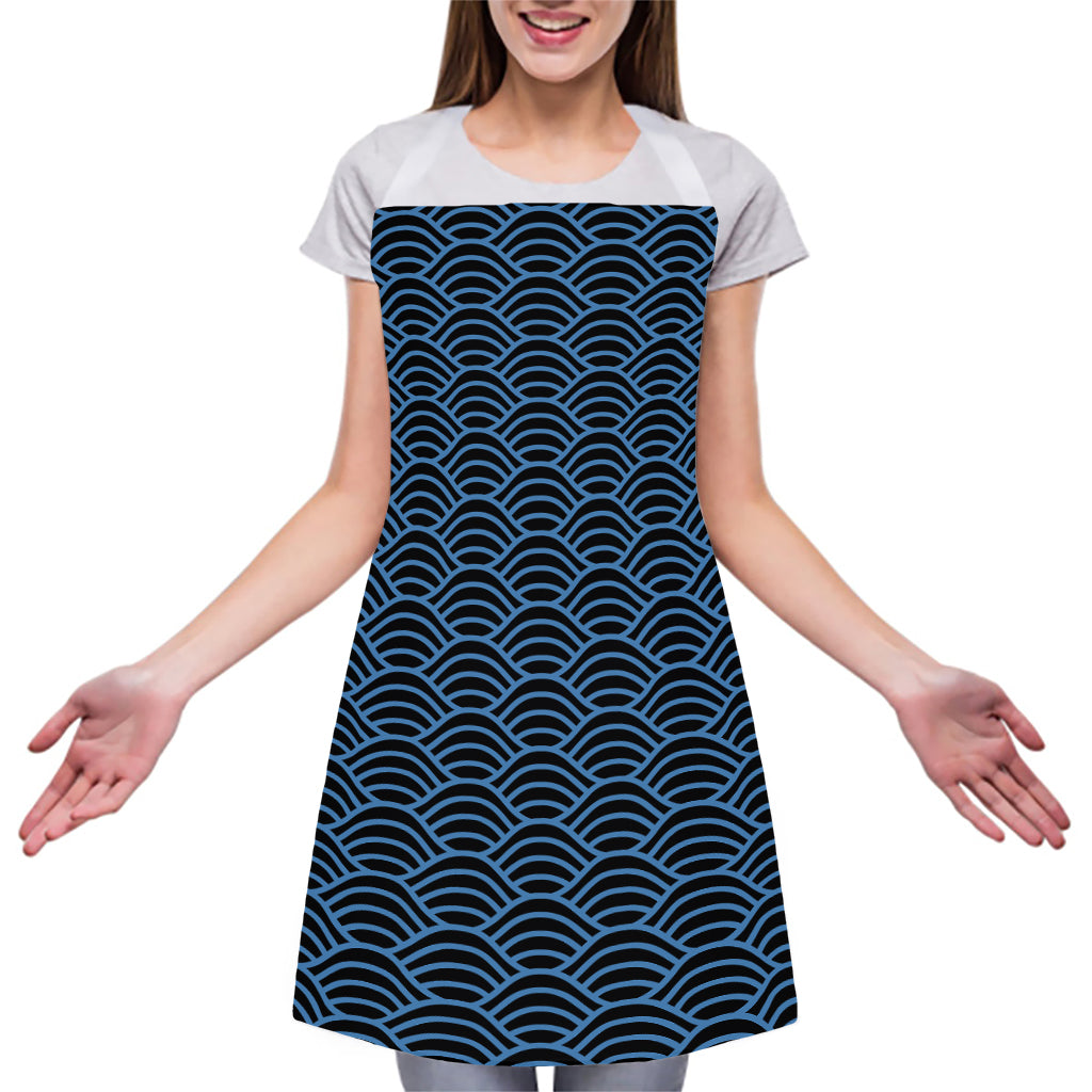 Blue And Black Japanese Pattern Print Adjustable Apron