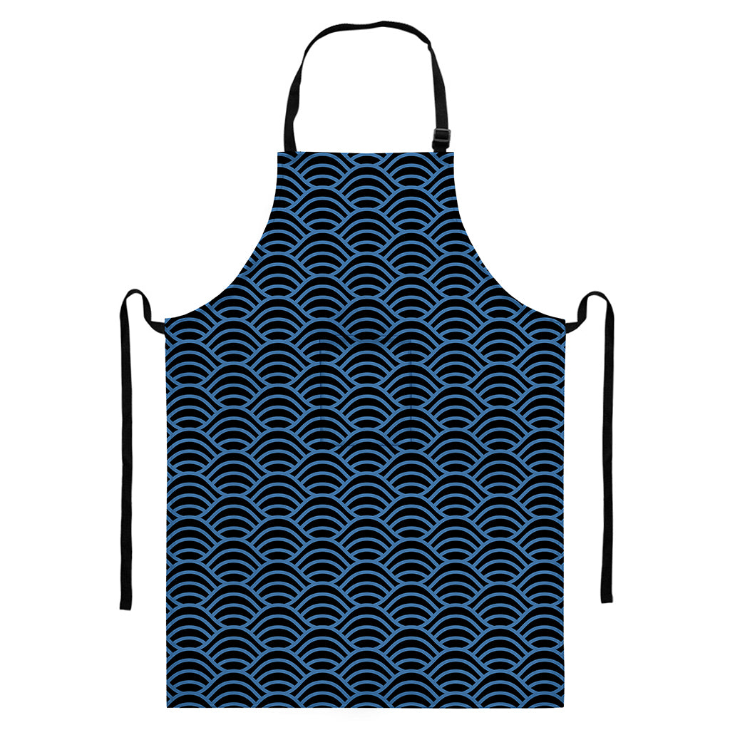 Blue And Black Japanese Pattern Print Bib Apron With Pocket