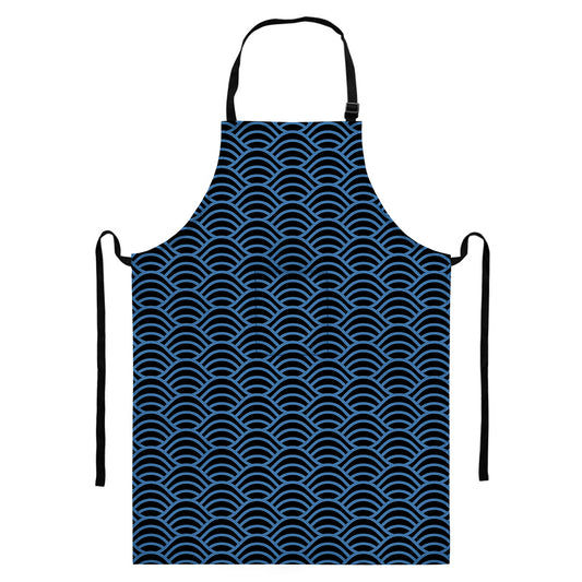 Blue And Black Japanese Pattern Print Bib Apron With Pocket