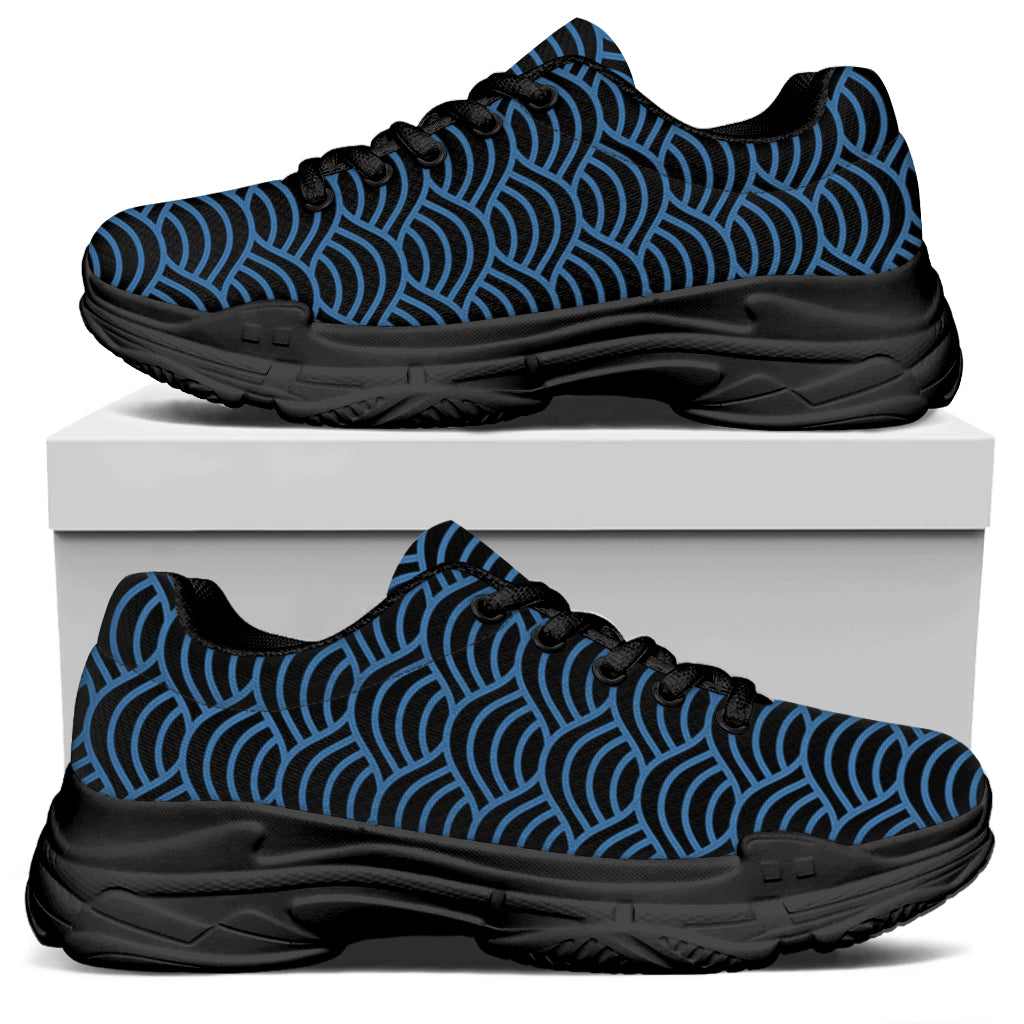 Blue And Black Japanese Pattern Print Black Chunky Shoes