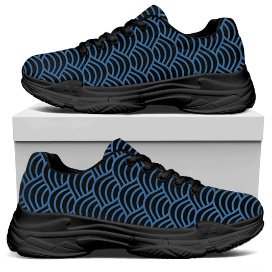 Blue And Black Japanese Pattern Print Black Chunky Shoes