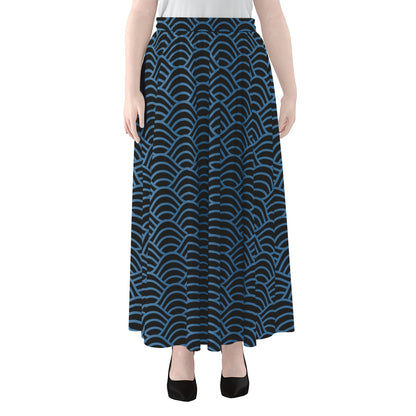 Blue And Black Japanese Pattern Print Chiffon Maxi Skirt