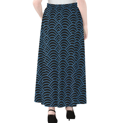 Blue And Black Japanese Pattern Print Chiffon Maxi Skirt