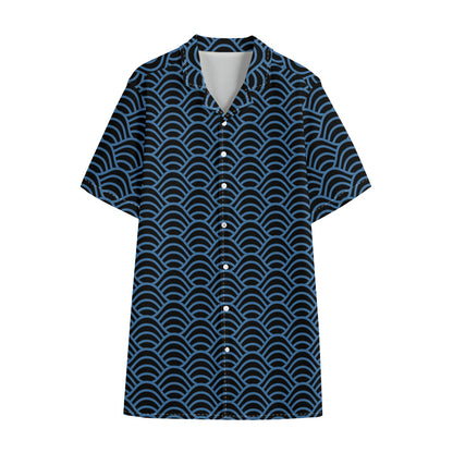 Blue And Black Japanese Pattern Print Cotton Hawaiian Shirt