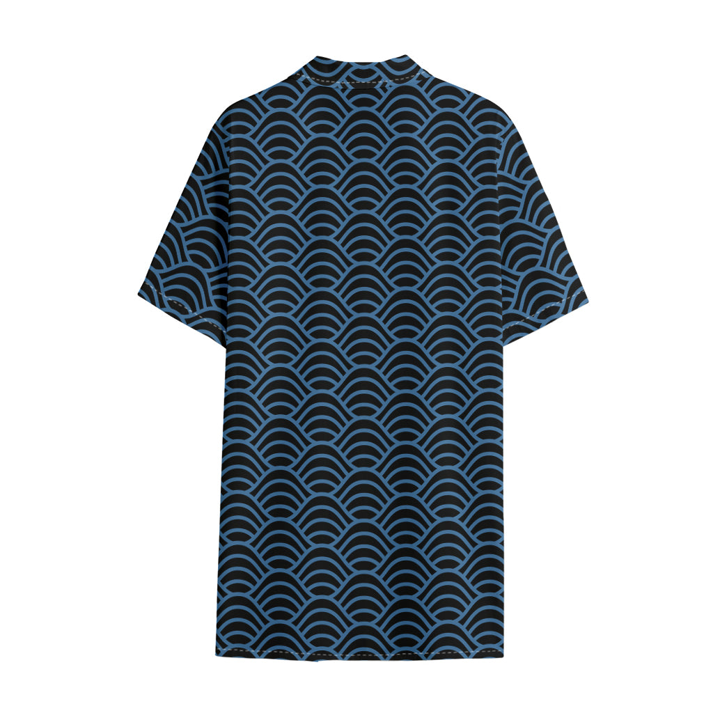 Blue And Black Japanese Pattern Print Cotton Hawaiian Shirt