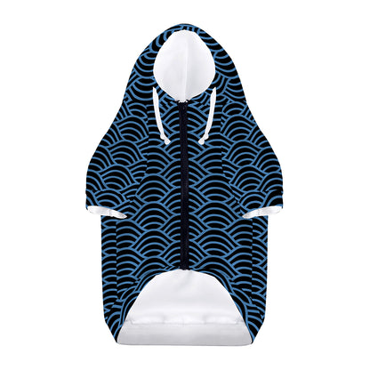 Blue And Black Japanese Pattern Print Dog Zip Up Hoodie