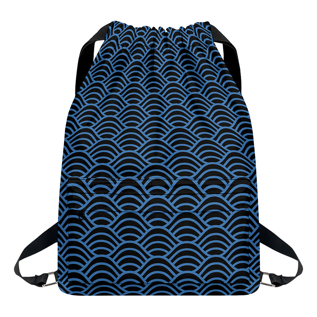 Blue And Black Japanese Pattern Print Drawstring Backpack