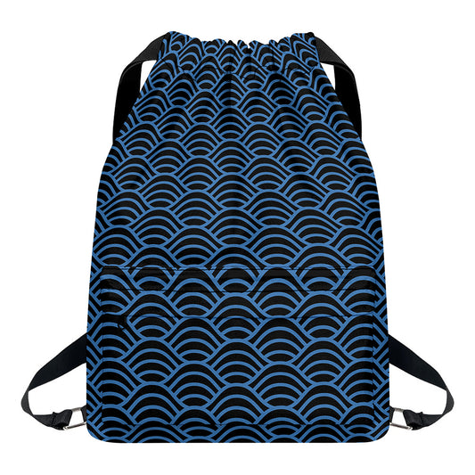 Blue And Black Japanese Pattern Print Drawstring Backpack