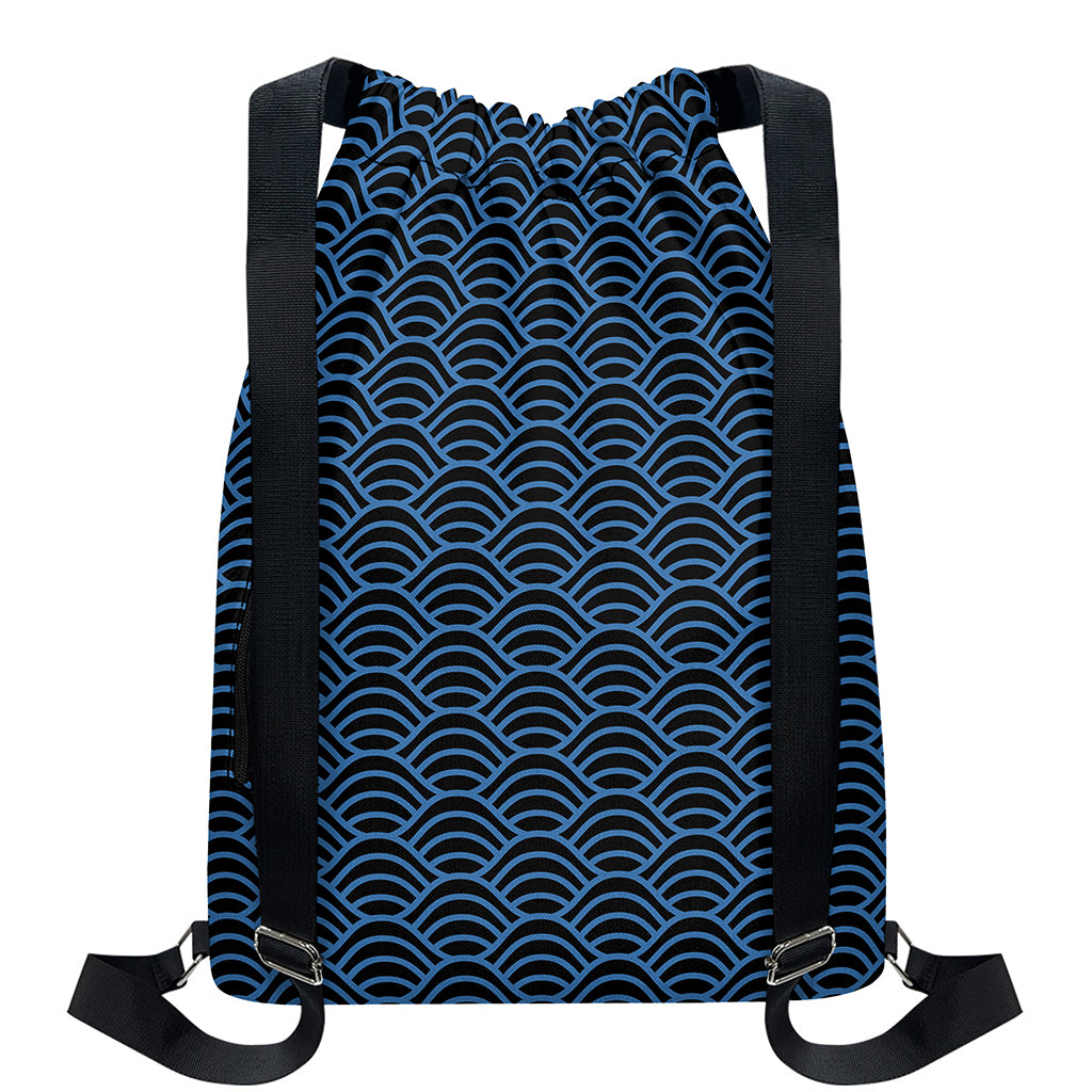 Blue And Black Japanese Pattern Print Drawstring Backpack