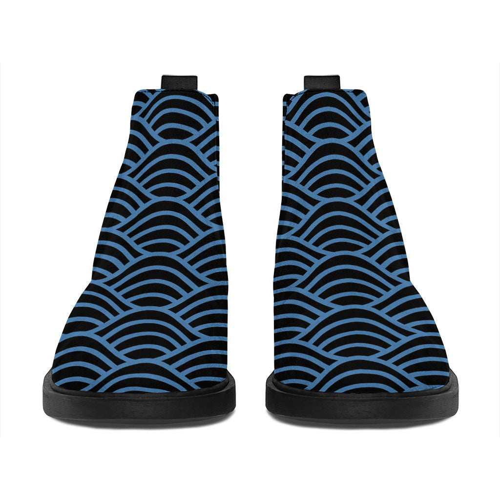 Blue And Black Japanese Pattern Print Flat Ankle Boots