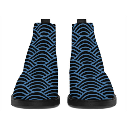 Blue And Black Japanese Pattern Print Flat Ankle Boots