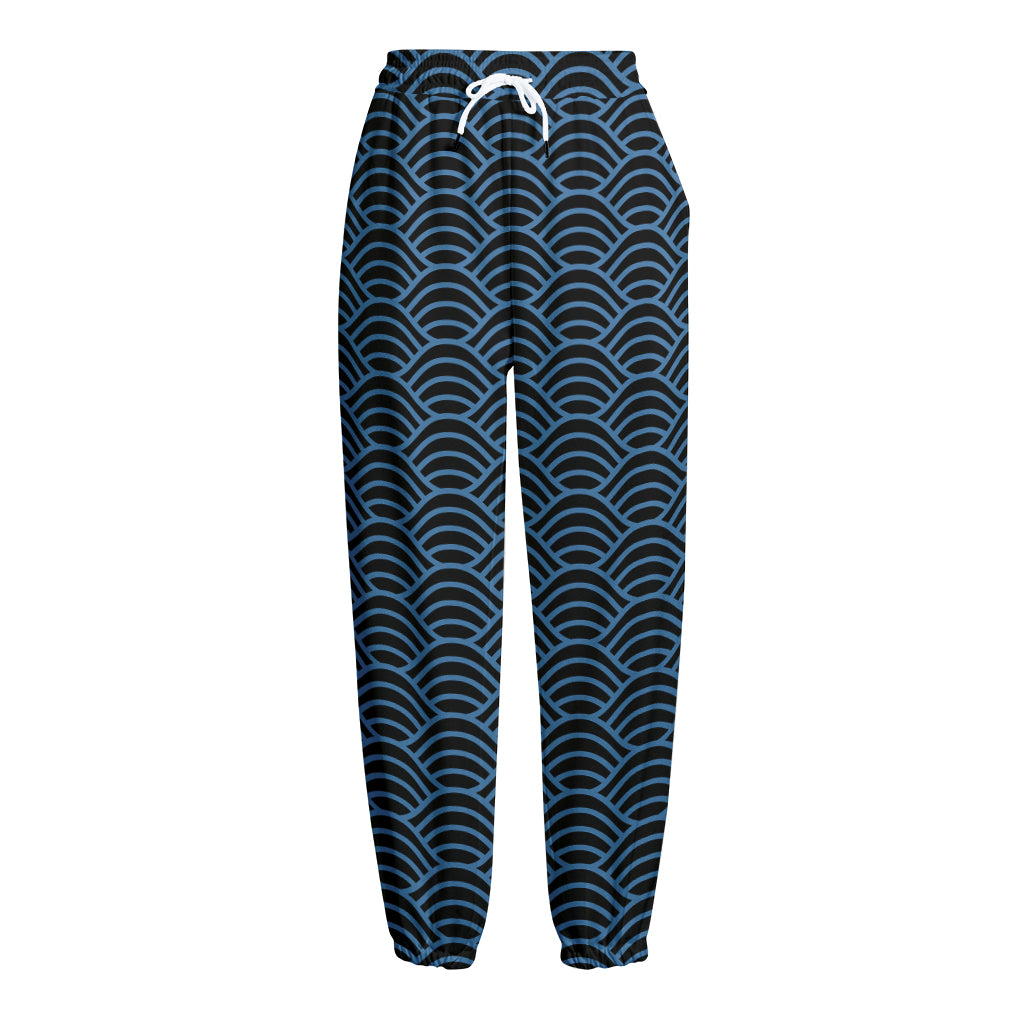 Blue And Black Japanese Pattern Print Fleece Lined Knit Pants