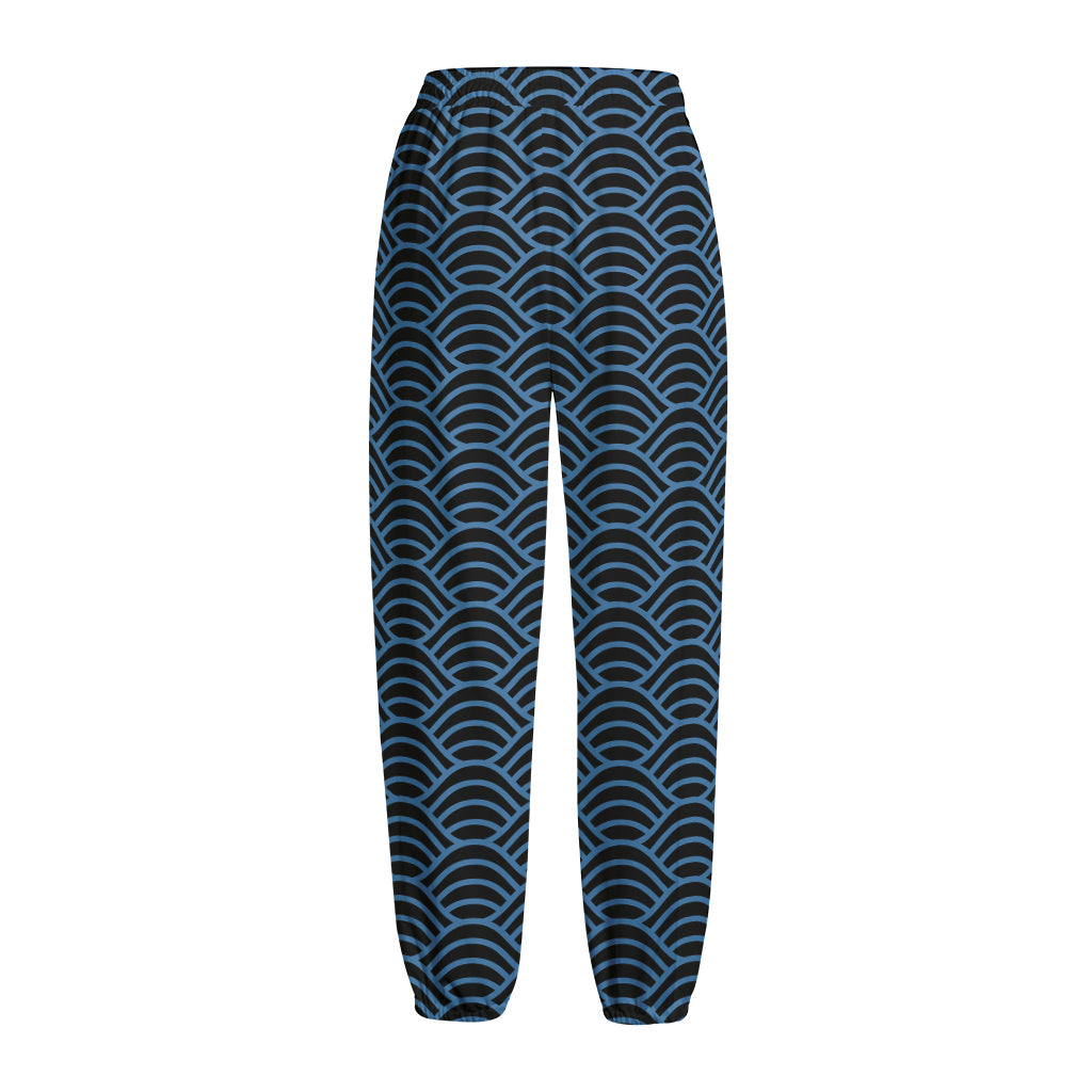 Blue And Black Japanese Pattern Print Fleece Lined Knit Pants