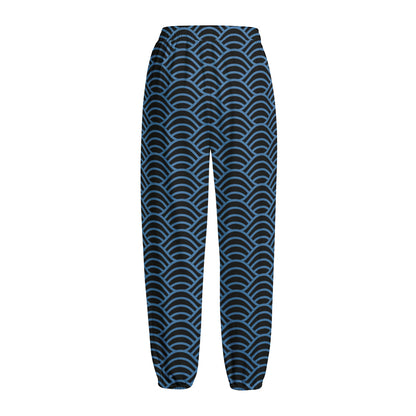 Blue And Black Japanese Pattern Print Fleece Lined Knit Pants