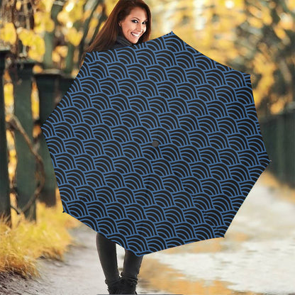 Blue And Black Japanese Pattern Print Foldable Umbrella