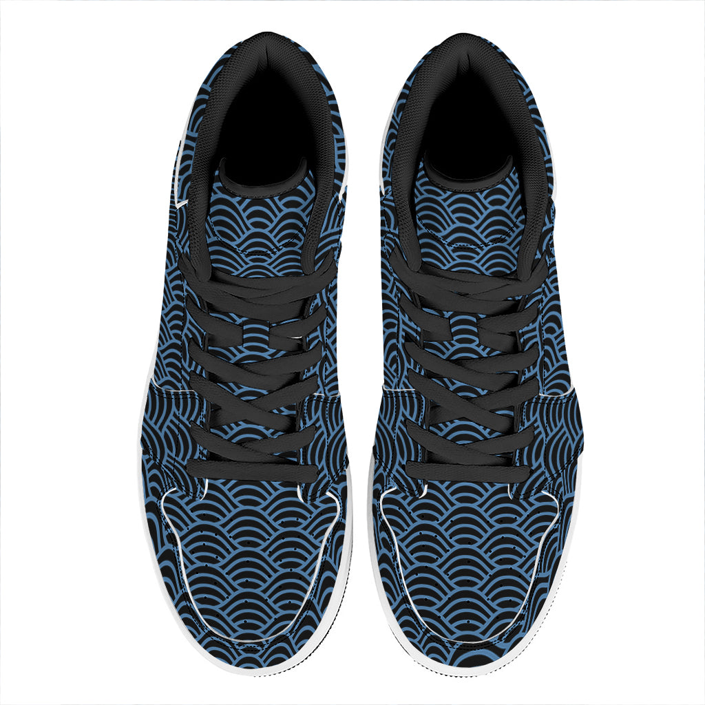 Blue And Black Japanese Pattern Print High Top Leather Sneakers