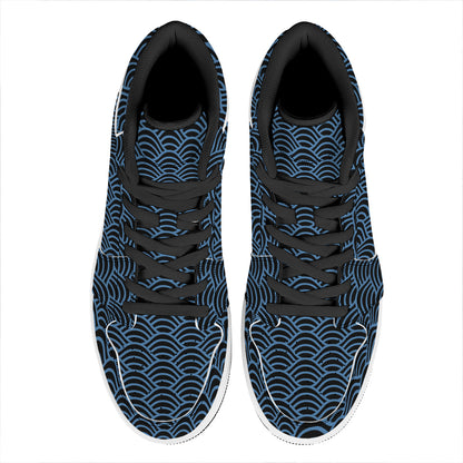 Blue And Black Japanese Pattern Print High Top Leather Sneakers