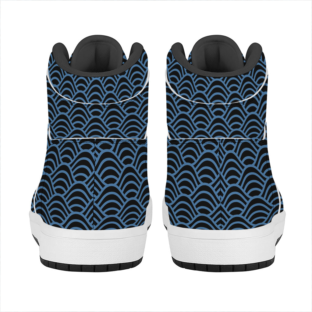 Blue And Black Japanese Pattern Print High Top Leather Sneakers