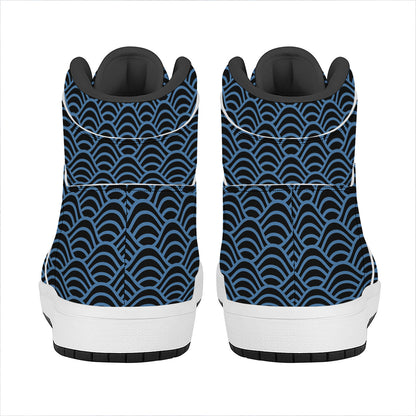 Blue And Black Japanese Pattern Print High Top Leather Sneakers