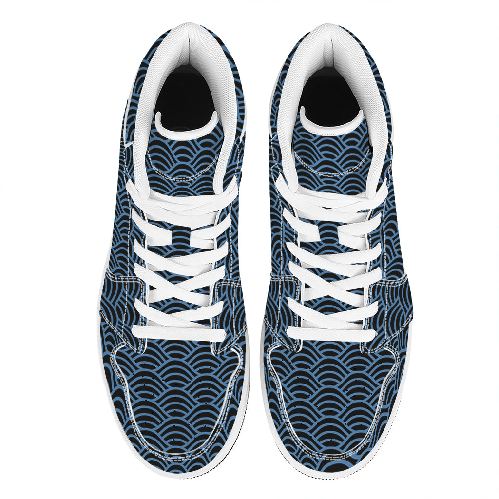 Blue And Black Japanese Pattern Print High Top Leather Sneakers