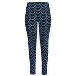 Blue And Black Japanese Pattern Print High-Waisted Pocket Leggings